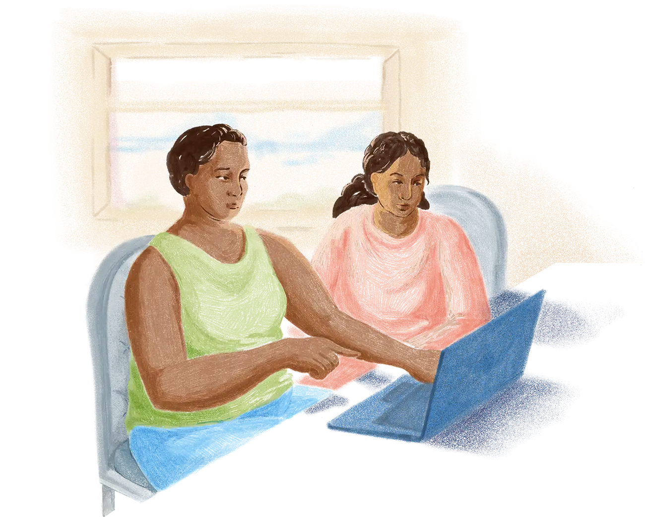 Illustration of a patient and caregiver looking at online resources together.